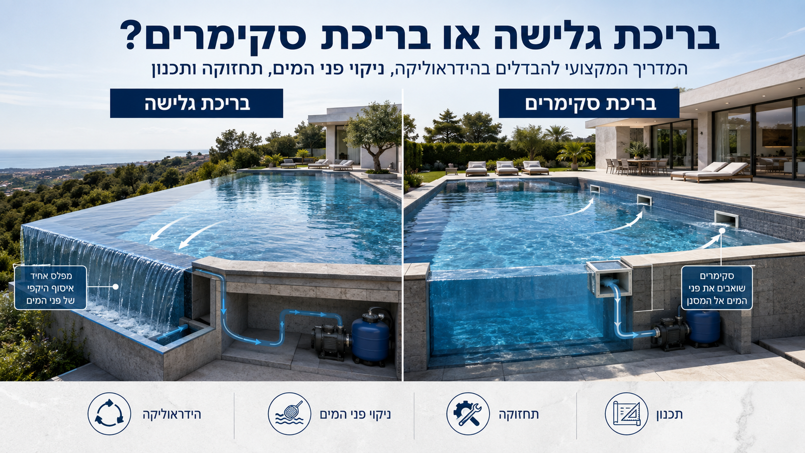 בריכת גלישה או בריכת סקימרים? המדריך המקצועי להבדלים בהידראוליקה, ניקוי פני המים, תחזוקה ותכנון